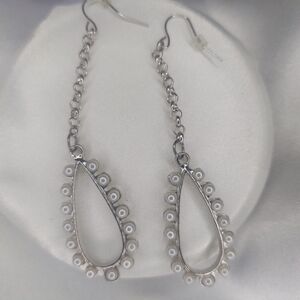 Long Dangling Silver Earrings Open Oval White Faux Pearls